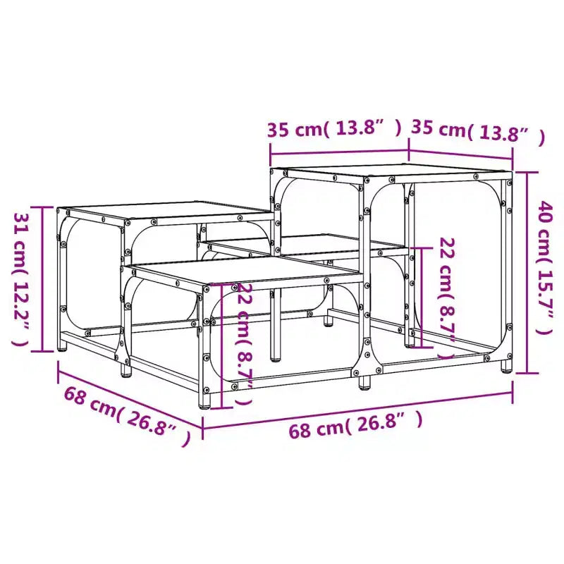 Table basse carrée – Chêne noir / Chêne brun / Chêne fumé, MDF et pieds en métal