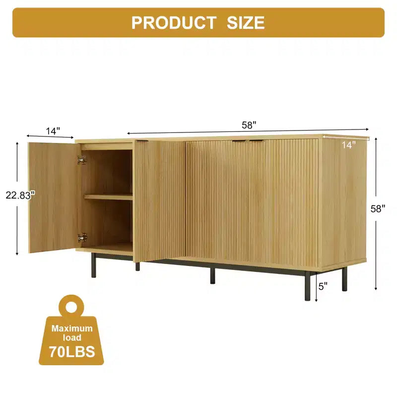 Meuble TV cannelé 58" noir / chêne naturel pour TV jusqu'à 65"