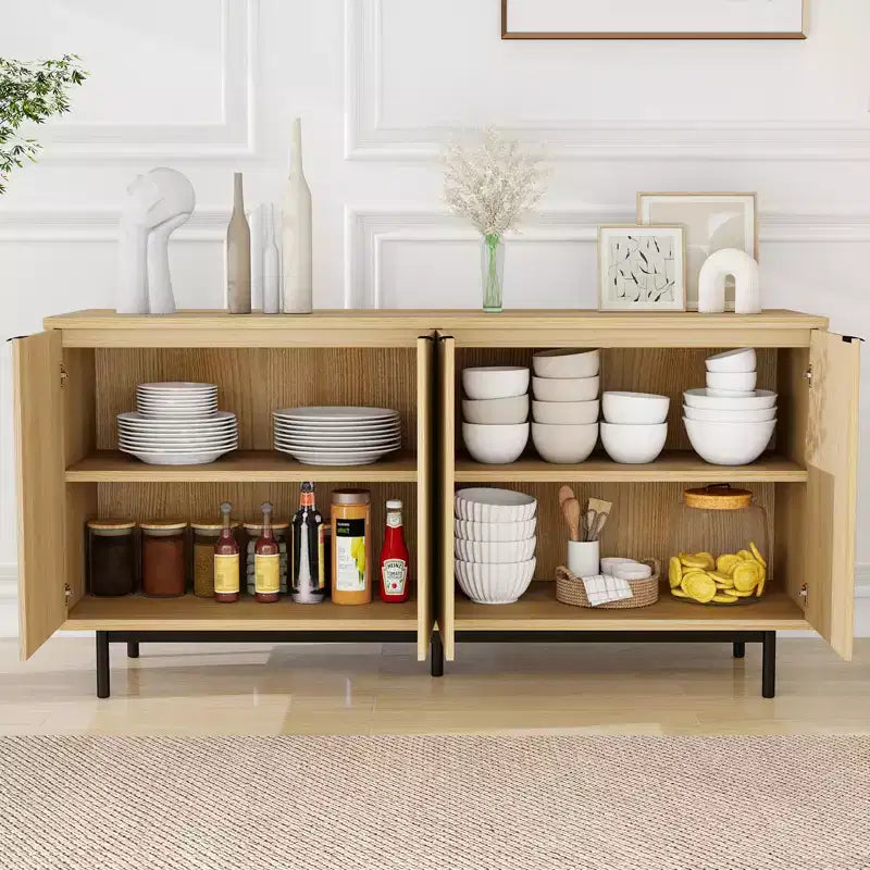 Meuble TV cannelé 58" noir / chêne naturel pour TV jusqu'à 65"