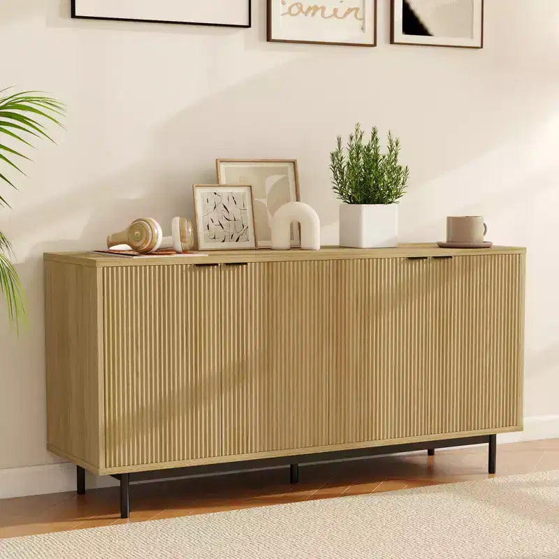 Meuble TV cannelé 58" noir / chêne naturel pour TV jusqu'à 65"