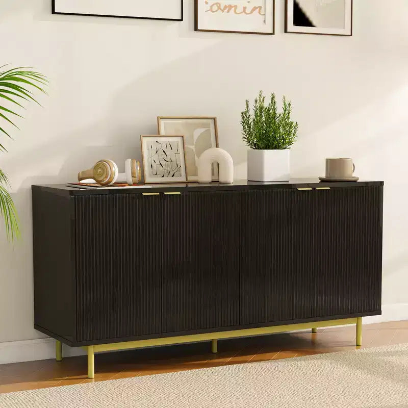 Meuble TV cannelé 58" noir / chêne naturel pour TV jusqu'à 65"