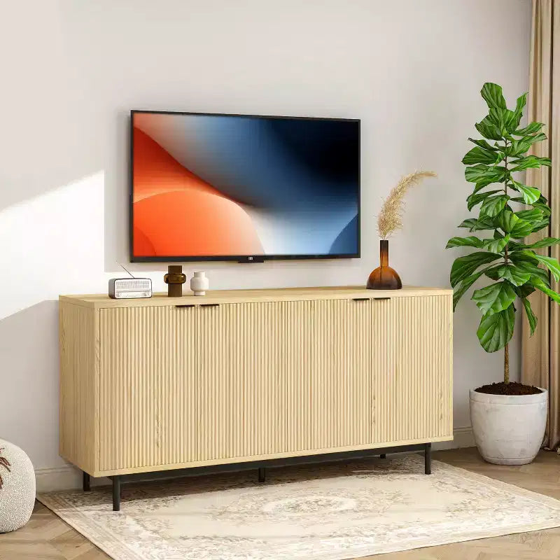 Meuble TV cannelé 58" noir / chêne naturel pour TV jusqu'à 65"