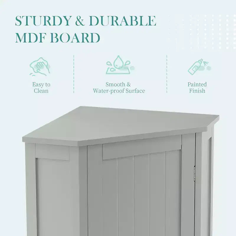 Meuble de rangement d'angle autoportant de salle de bain triangulaire noir/gris/blanc avec étagère réglable, porte simple