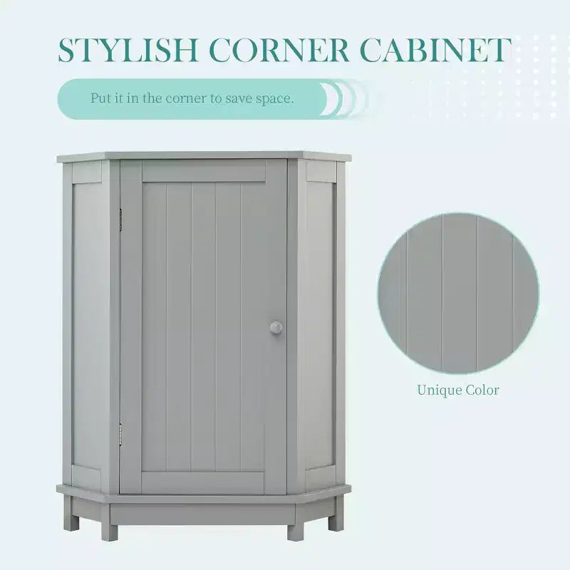 Meuble de rangement d'angle autoportant de salle de bain triangulaire noir/gris/blanc avec étagère réglable, porte simple