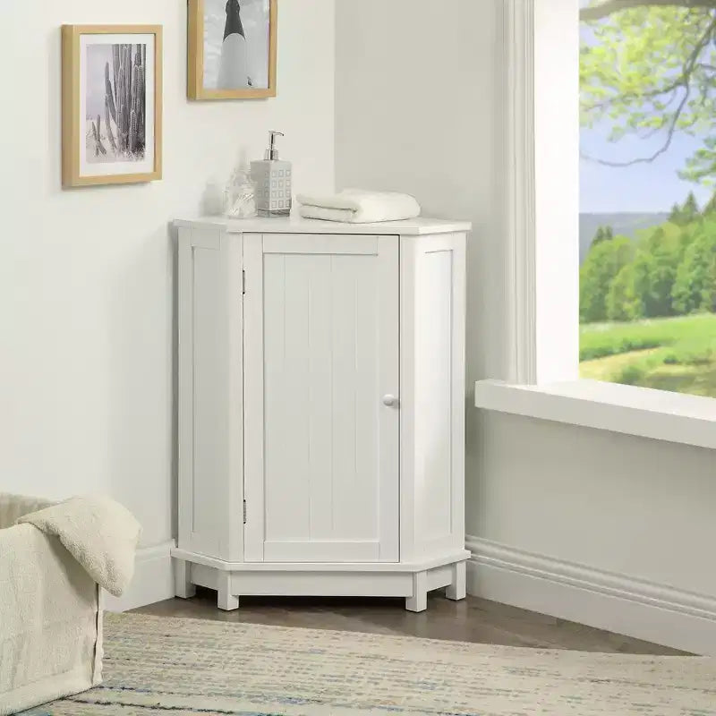 Meuble de rangement d'angle autoportant de salle de bain triangulaire noir/gris/blanc avec étagère réglable, porte simple