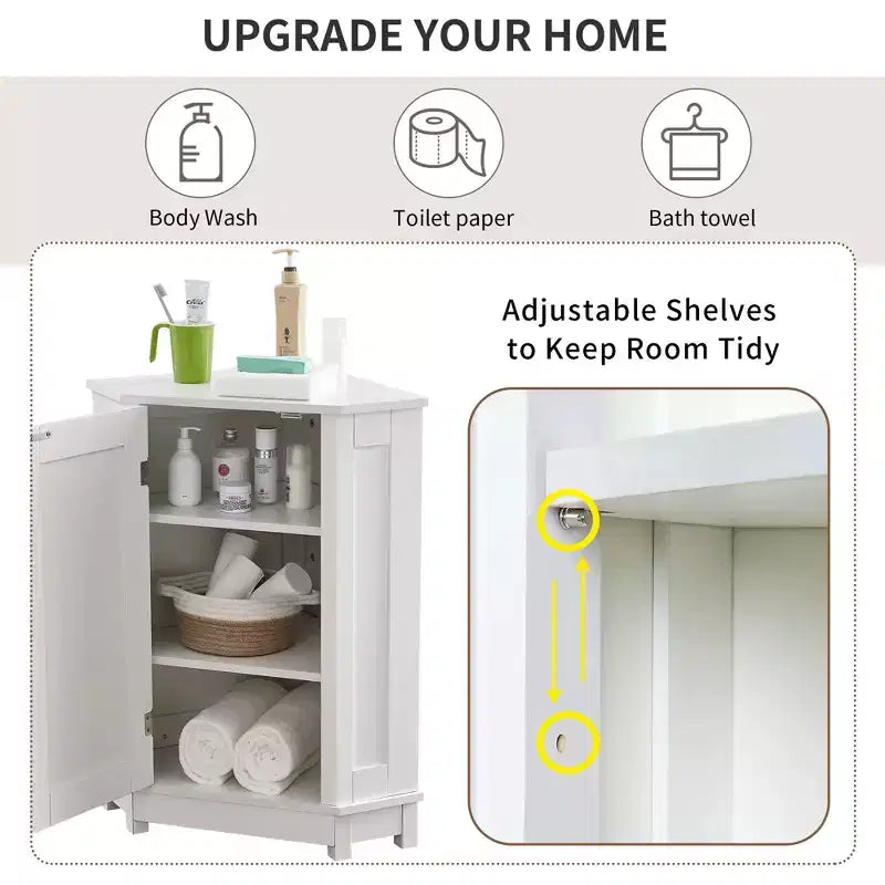Meuble de rangement d'angle autoportant de salle de bain triangulaire noir/gris/blanc avec étagère réglable, porte simple