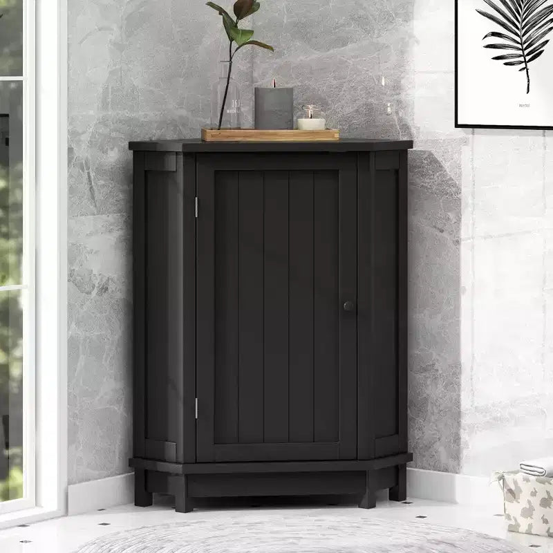 Meuble de rangement d'angle autoportant de salle de bain triangulaire noir/gris/blanc avec étagère réglable, porte simple