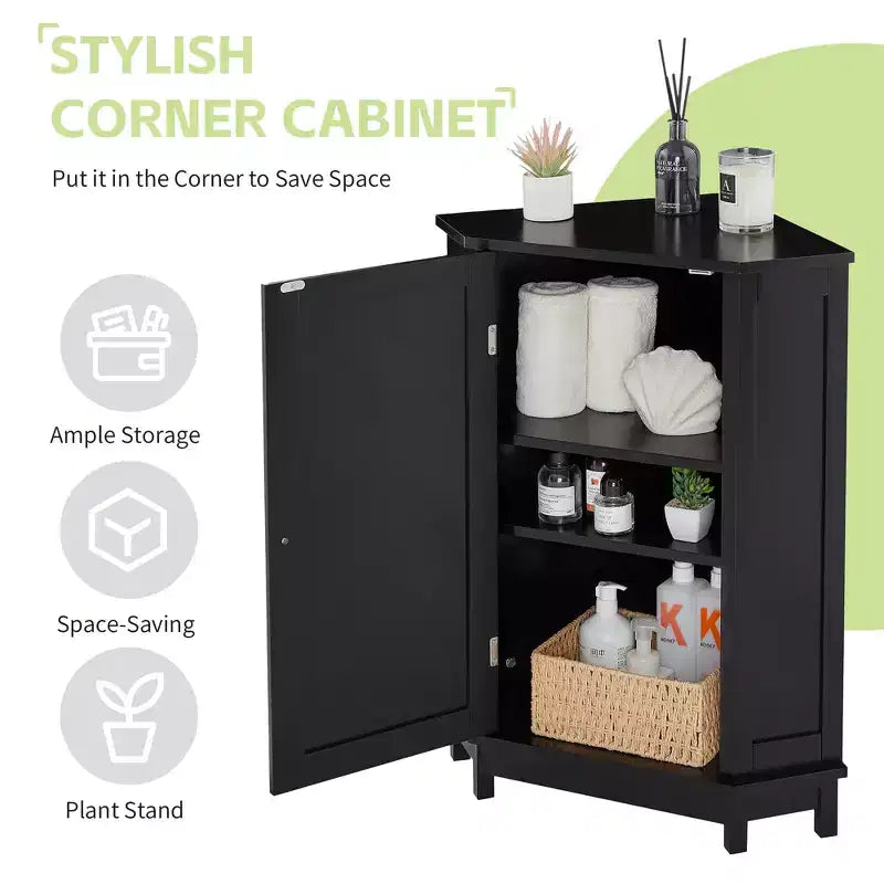 Meuble de rangement d'angle autoportant de salle de bain triangulaire noir/gris/blanc avec étagère réglable, porte simple