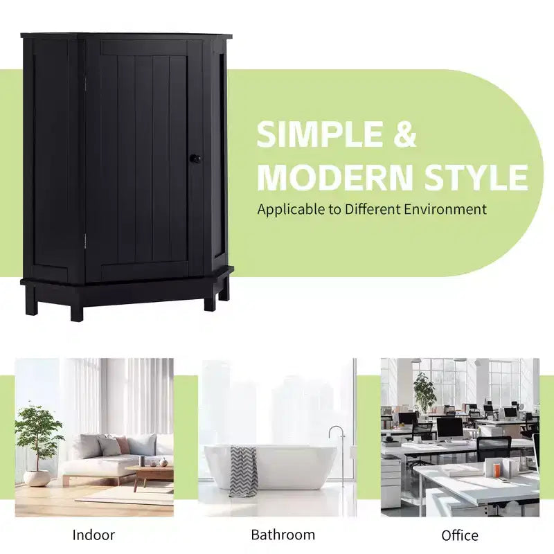 Meuble de rangement d'angle autoportant de salle de bain triangulaire noir/gris/blanc avec étagère réglable, porte simple