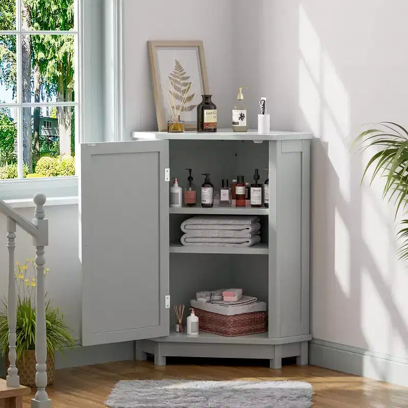 Meuble de rangement d'angle autoportant de salle de bain triangulaire noir/gris/blanc avec étagère réglable, porte simple