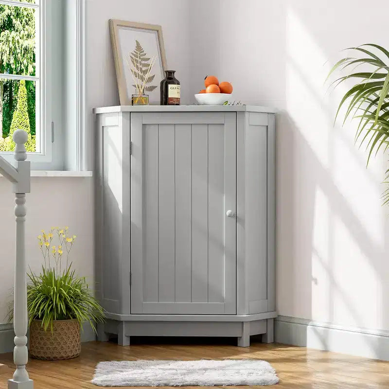 Meuble de rangement d'angle autoportant de salle de bain triangulaire noir/gris/blanc avec étagère réglable, porte simple