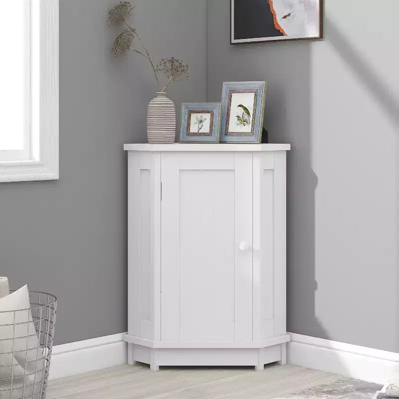 Meuble de rangement d'angle autoportant de salle de bain triangulaire noir/gris/blanc avec étagère réglable, porte simple