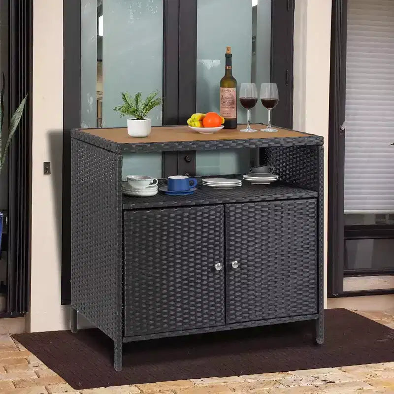 Armoire de rangement d'extérieur 2 portes en osier, noire + marron/grise, avec étagère, assemblage par 1 ou 2 personnes