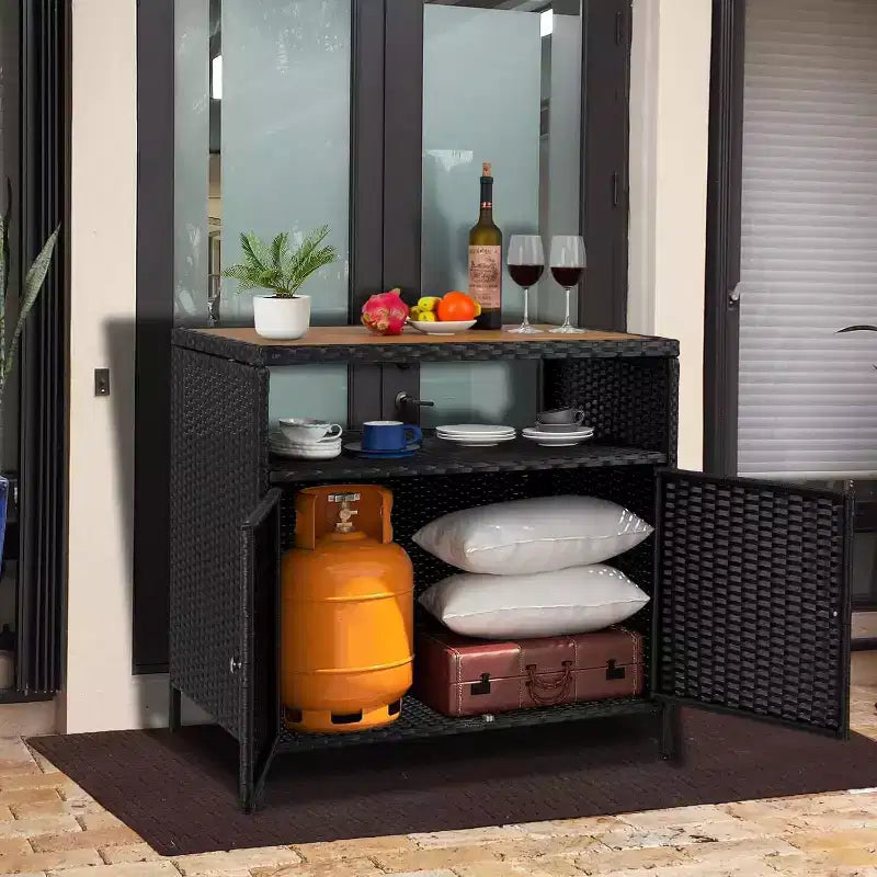 Armoire de rangement d'extérieur 2 portes en osier, noire + marron/grise, avec étagère, assemblage par 1 ou 2 personnes