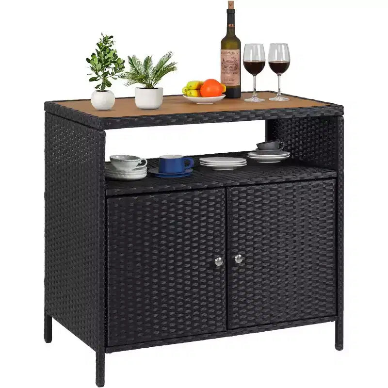 Outdoor Wicker Storage Cabinet with Shelf, 2-Door Patio Bar Table,All-Weather PE Rattan & Powder-Coated Steel,Garden/Pool Storage Organizer for Patio