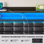 Cadre de Lit Double Capitonnage Noir avec Lumières LED, Recharge USB et Tête de Lit Rangement, 2 Tiroirs, Pour 2