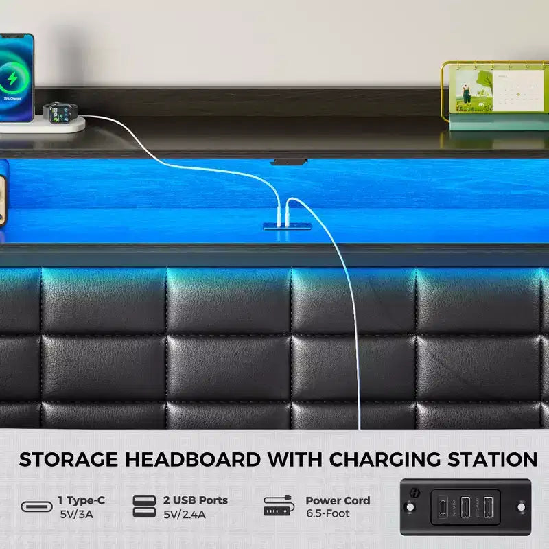Cadre de Lit Double Capitonnage Noir avec Lumières LED, Recharge USB et Tête de Lit Rangement, 2 Tiroirs, Pour 2