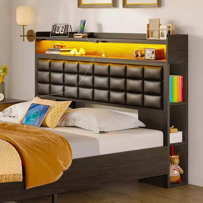 Cadre de Lit Double Capitonnage Noir avec Lumières LED, Recharge USB et Tête de Lit Rangement, 2 Tiroirs, Pour 2