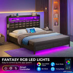 Cadre de Lit Double Capitonnage Noir avec Lumières LED, Recharge USB et Tête de Lit Rangement, 2 Tiroirs, Pour 2