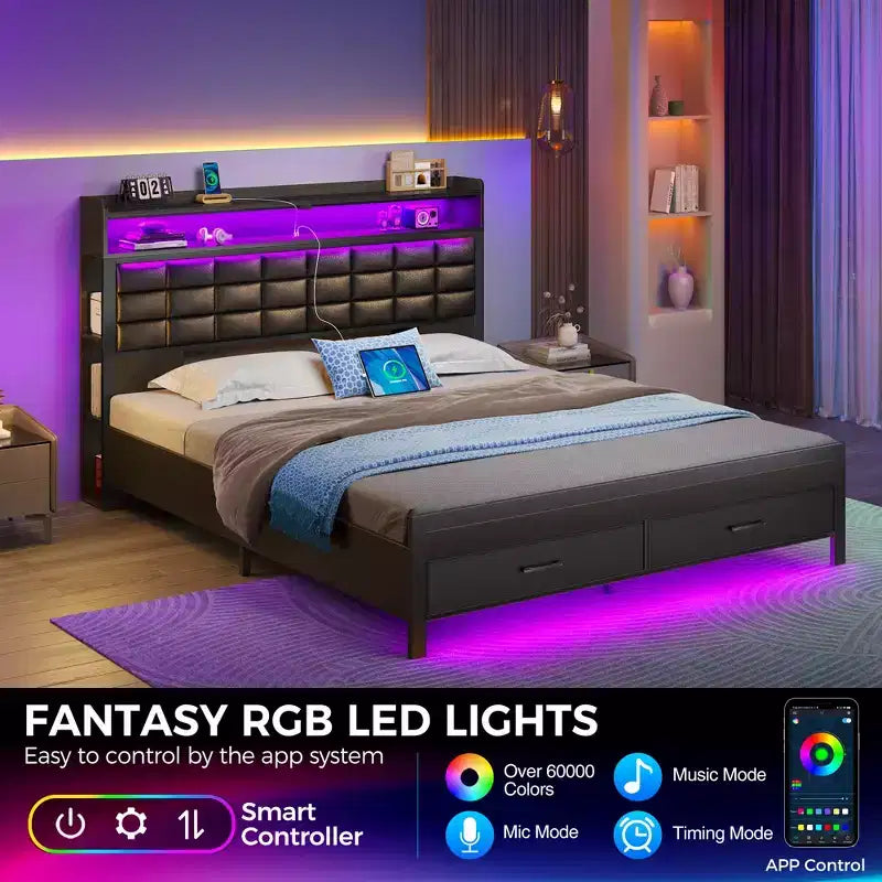 Cadre de Lit Double Capitonnage Noir avec Lumières LED, Recharge USB et Tête de Lit Rangement, 2 Tiroirs, Pour 2