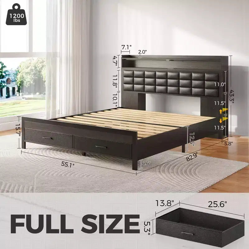 Cadre de Lit Double Capitonnage Noir avec Lumières LED, Recharge USB et Tête de Lit Rangement, 2 Tiroirs, Pour 2