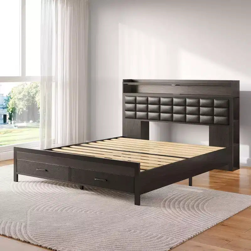 Cadre de Lit Double Capitonnage Noir avec Lumières LED, Recharge USB et Tête de Lit Rangement, 2 Tiroirs, Pour 2