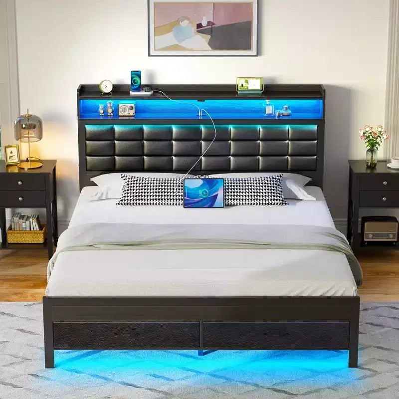 Cadre de Lit Double Capitonnage Noir avec Lumières LED, Recharge USB et Tête de Lit Rangement, 2 Tiroirs, Pour 2