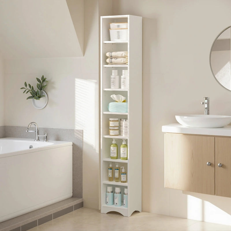 VECELO Armoire de salle de bain étroite de 180 cm de haut, en bois massif, 8 étagères, meuble de rangement autonome