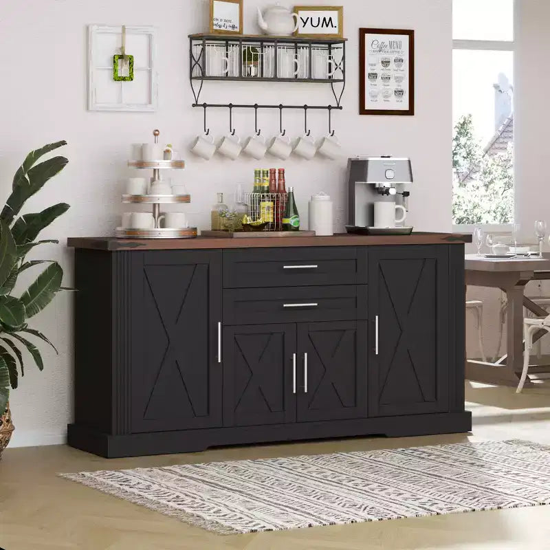 Meuble de Rangement de Ferme Zeus & Ruta 63 avec Porte Coulissante, 2 Tiroirs, Étagères Réglables, Buffet Bar à Café pour Cuisine, Entrée, Salle à Manger