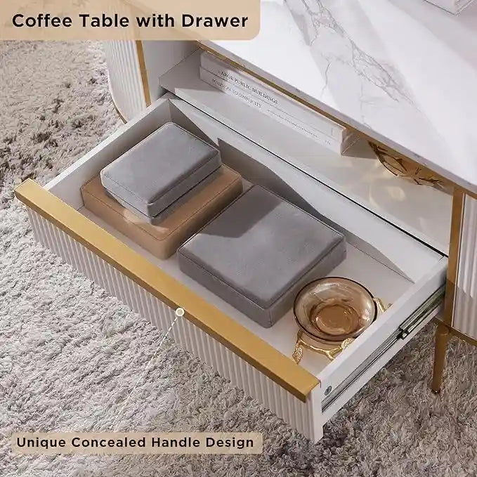 Table basse cannelée de luxe moderne, table centrale avec plateau en faux marbre