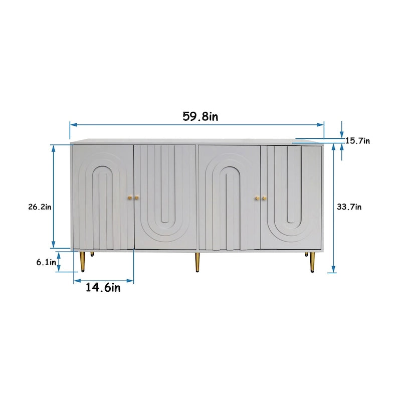 Buffet bahut moderne en bois laqué bleu/gris de 152 cm avec 4 portes, meuble de rangement d'appoint