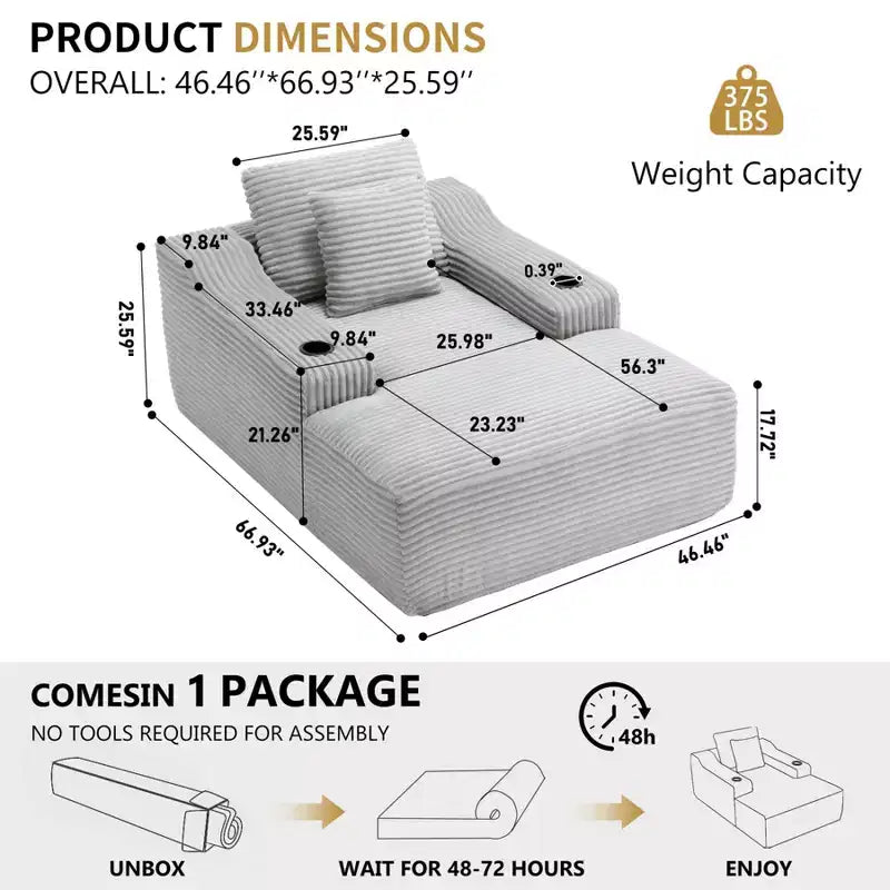 Chaise longue de 170 cm, canapé-lit d'intérieur avec 2 coussins, canapé monoplace sans structure pour salon, aucun assemblage requis