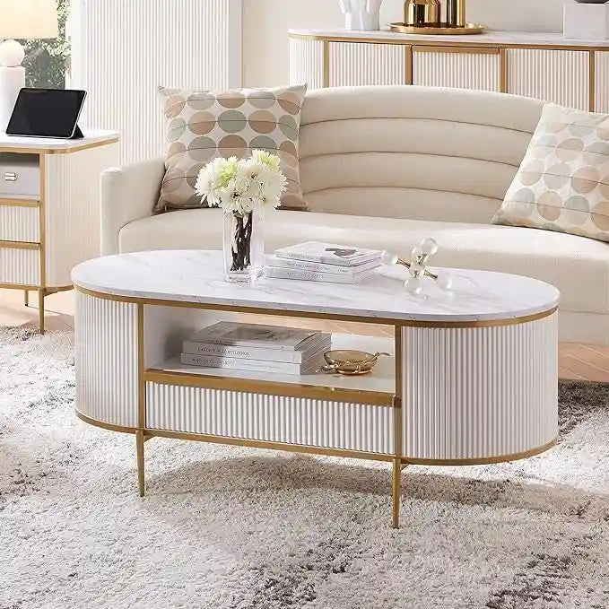 Table basse cannelée de luxe moderne, table centrale avec plateau en faux marbre