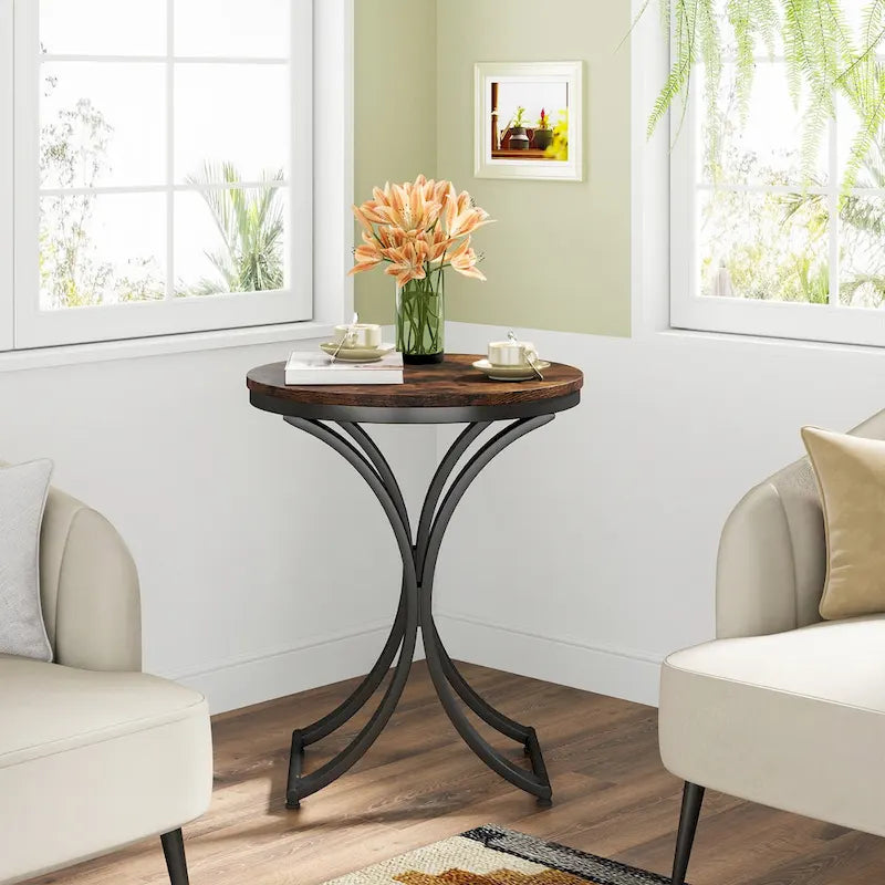 Petite table d'appoint ronde moderne, bout de canapé ou table de chevet avec structure en métal doré et plateau en bois d'ingénierie aspect marbre pour salon