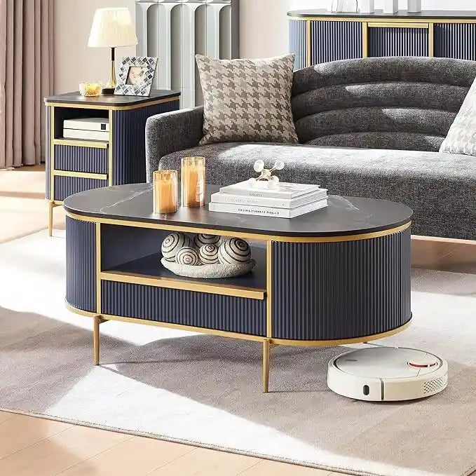 Table basse cannelée de luxe moderne, table centrale avec plateau en faux marbre