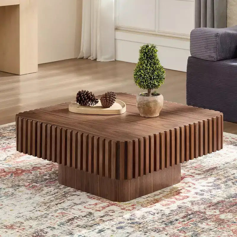 Table basse tambour artisanale moderne 31,5 po, carrée, piètement en MDF noyer
