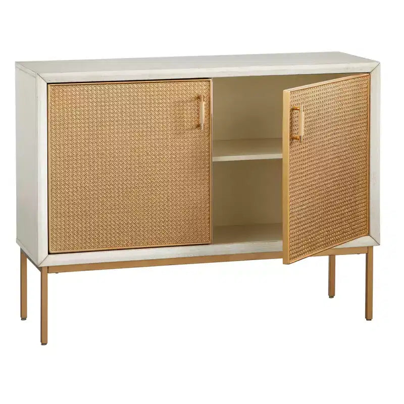 Buffet de porte en rotin naturel et blanc antique – Enfilade style glamour avec étagères réglables