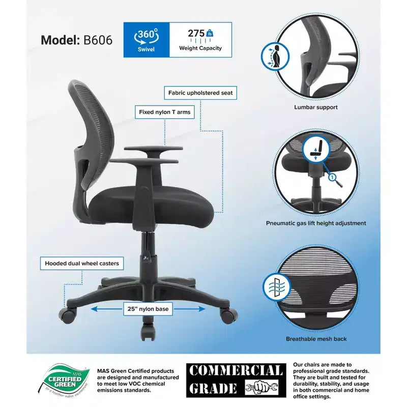 Chaise de travail noire en maille avec accoudoirs fixes en T, assise individuelle