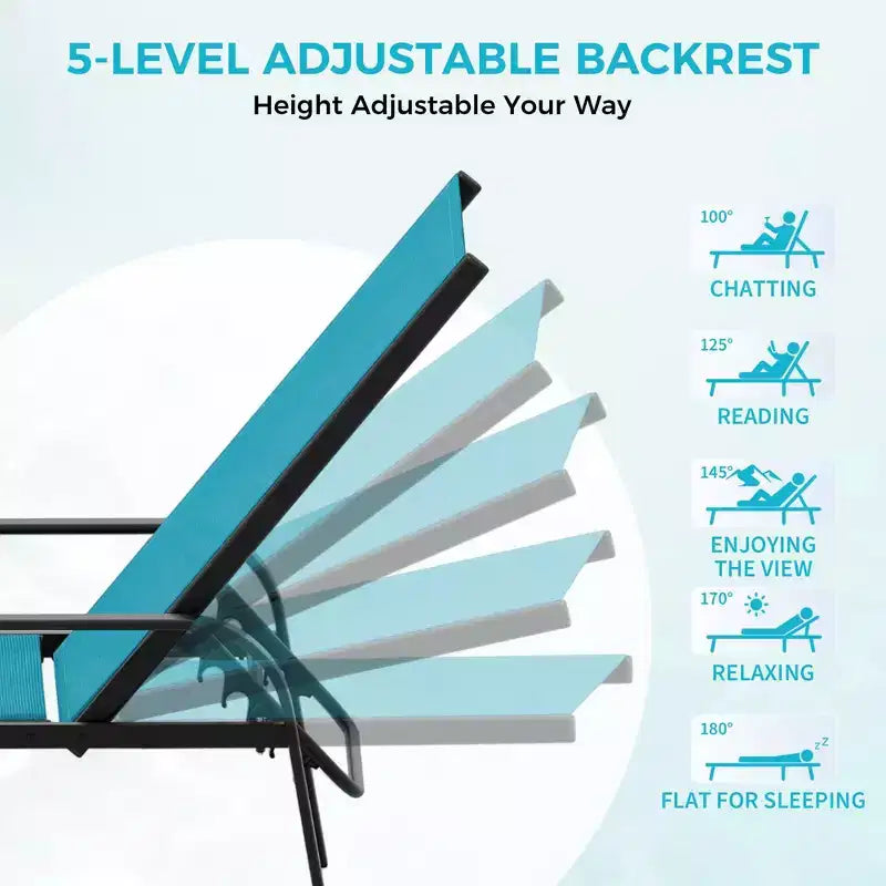 Lot de 2 Chaises Longues de Jardin, Chaises Inclinables Réglables sur 5 Positions avec Tissu Textilène, Transats de Piscine pour Jardin et Balcon