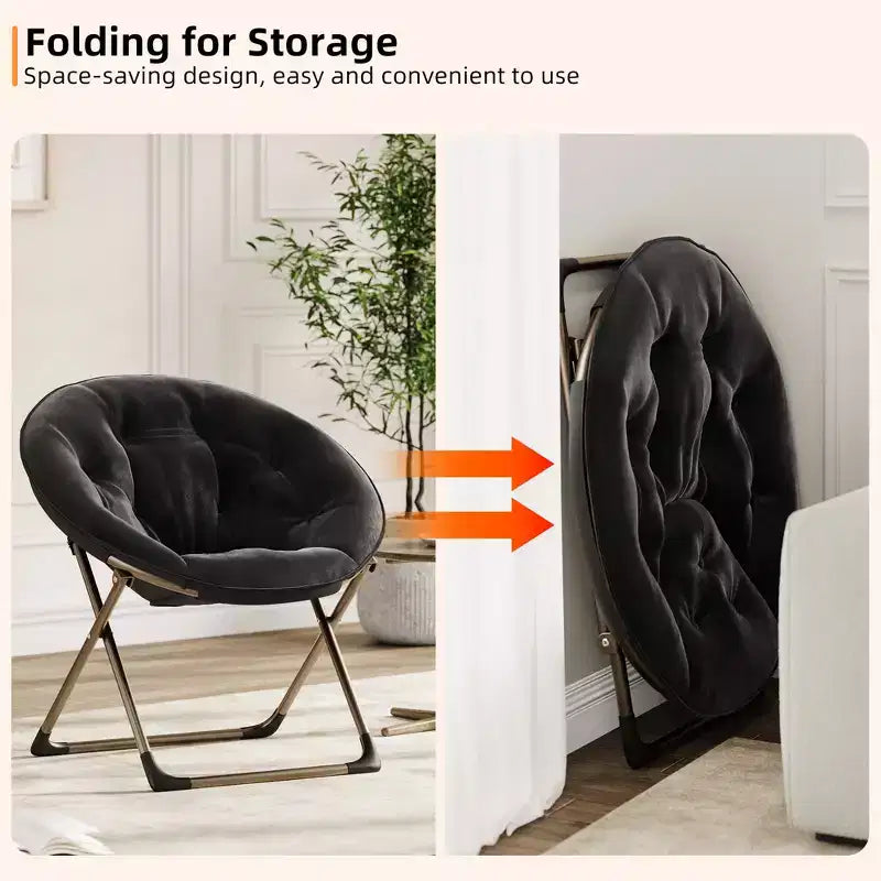 Fauteuil soucoupe, fauteuil moelleux en fausse fourrure, fauteuil lune avec structure métallique pliable, siège d'appoint floral