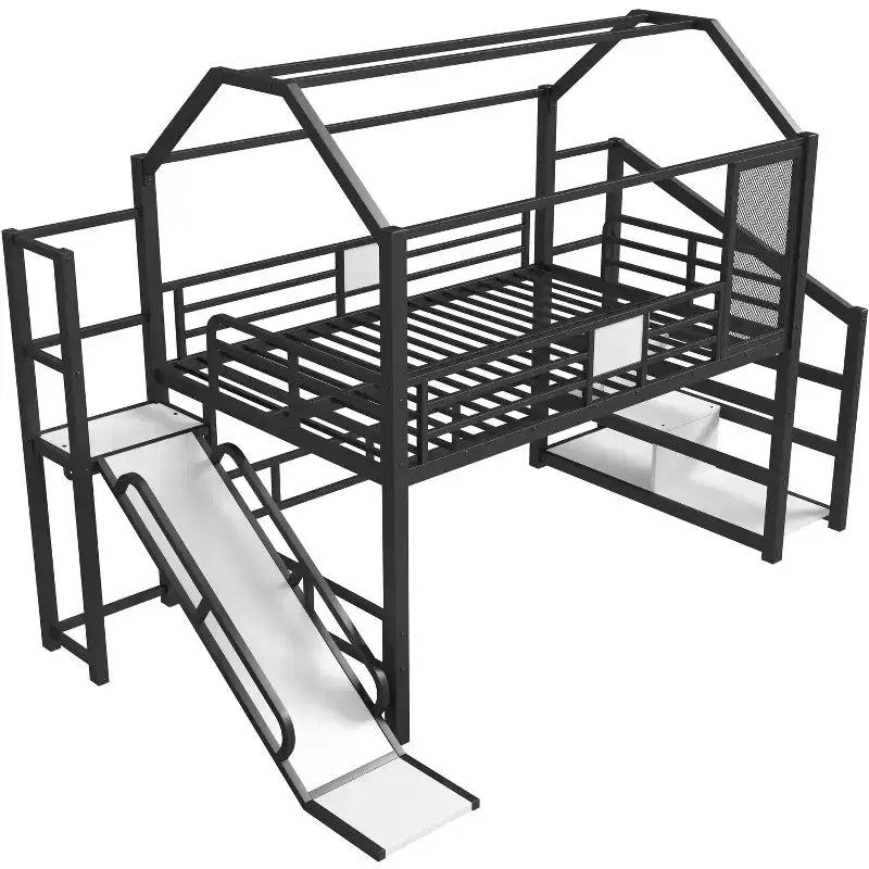 Lit mezzanine cabane avec toboggan et escalier de rangement - Cadre métallique pour enfants et adolescents