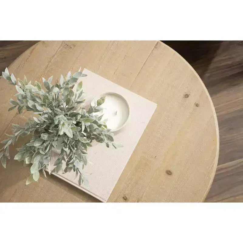 Table basse ronde en bois, marron rustique et blanc, piètement entrecroisé