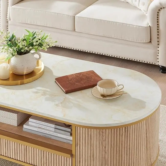 Table basse cannelée de luxe moderne, table centrale avec plateau en faux marbre