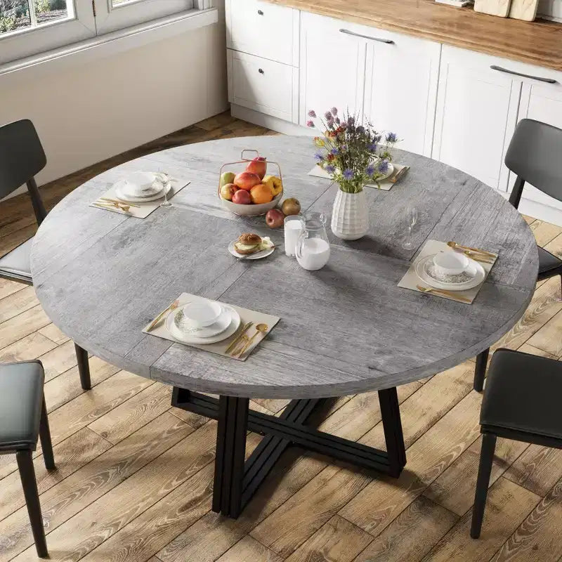 Table de salle à manger ronde pour 4 à 6 personnes, table de cuisine de 120 cm avec étagère de rangement, table à manger en bois avec base en métal pour salon, sans chaises