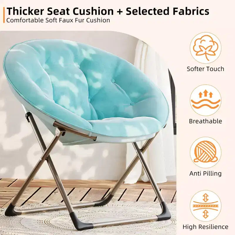 Fauteuil soucoupe, fauteuil moelleux en fausse fourrure, fauteuil lune avec structure métallique pliable, siège d'appoint floral
