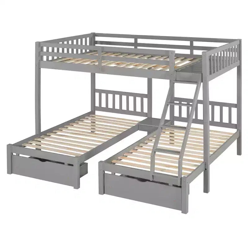 Lit superposé Triple (grand lit en haut, lits jumeaux en bas) avec 2 tiroirs de rangement, en bois, peut être séparé en 3 lits individuels
