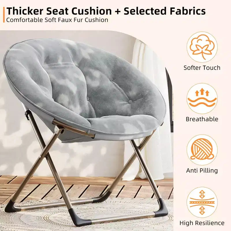 Fauteuil soucoupe, fauteuil moelleux en fausse fourrure, fauteuil lune avec structure métallique pliable, siège d'appoint floral