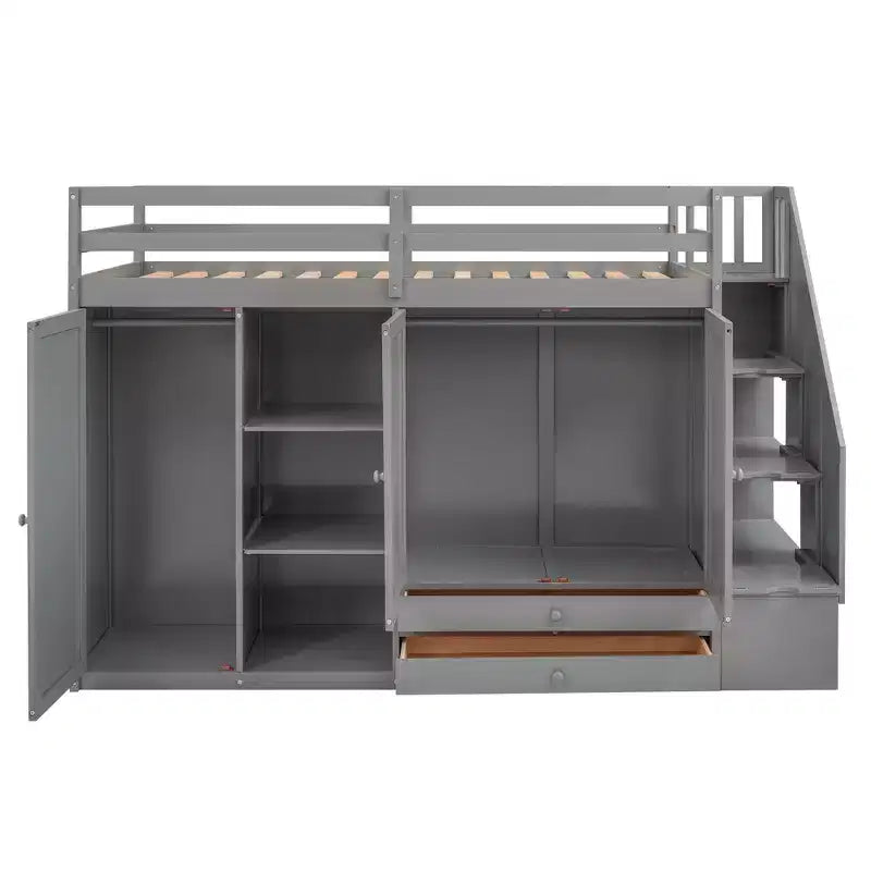 Lit mezzanine fonctionnel 93.3 avec armoires, étagères, tiroirs et échelle de rangement