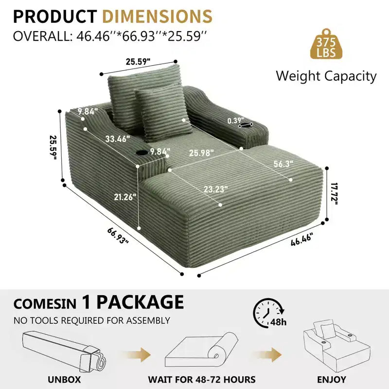 Chaise longue de 170 cm, canapé-lit d'intérieur avec 2 coussins, canapé monoplace sans structure pour salon, aucun assemblage requis