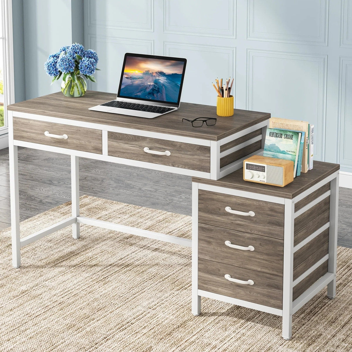 Bureau d'ordinateur réversible avec 5 tiroirs, bureau de travail à domicile avec caisson de rangement pour dossiers et support pour imprimante